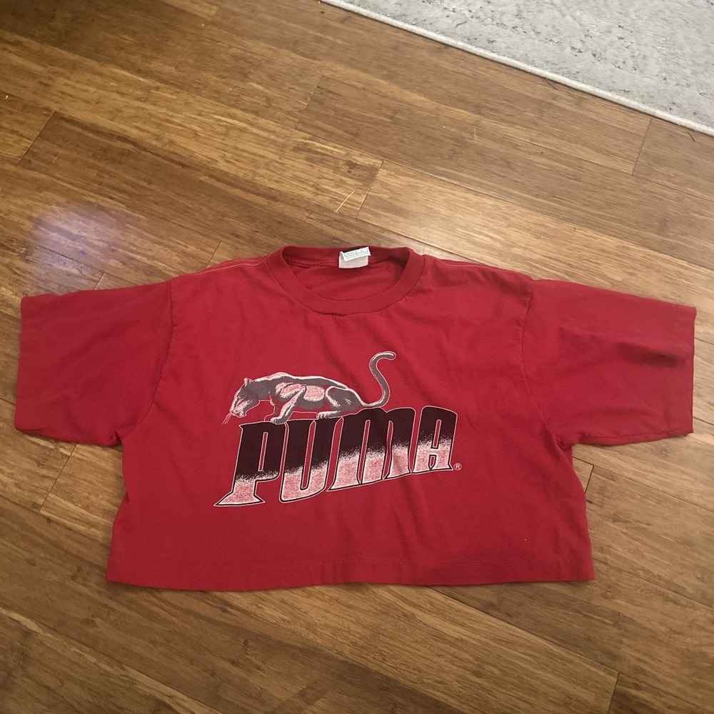 Rare VTG PUMA Single Stitch Mens Large Crop Top T Shirt 1982 Maroon Made In USA